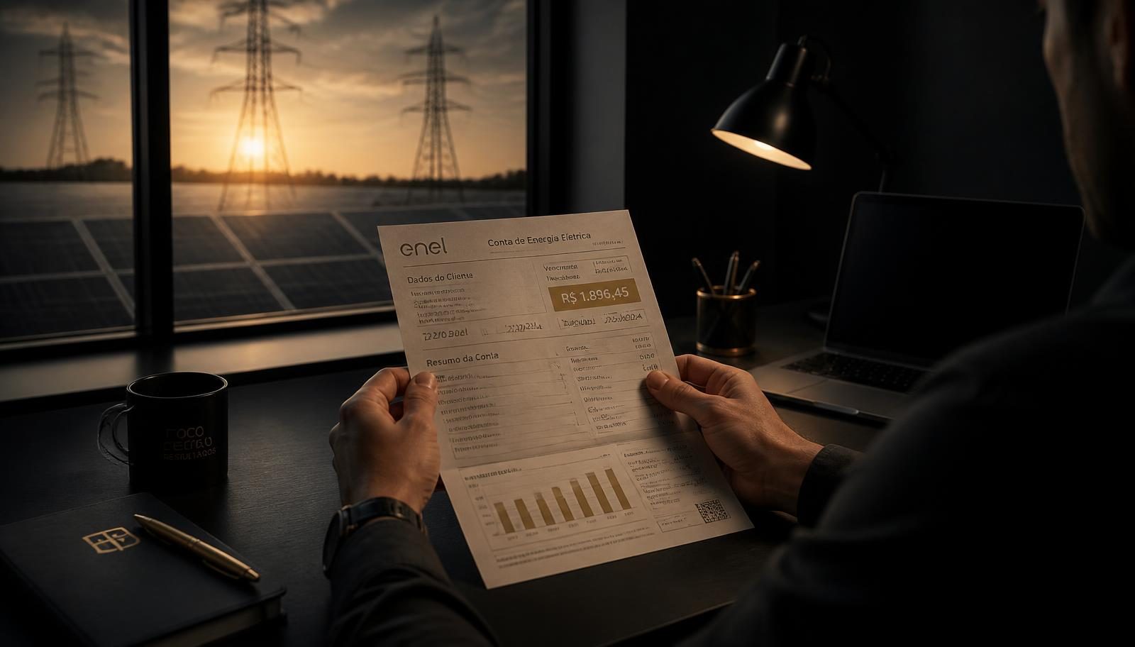 Empresário analisando a conta de luz com linhas de transmissão e painéis solares ao fundo, representando a abertura do mercado livre de energia para todos os consumidores.
